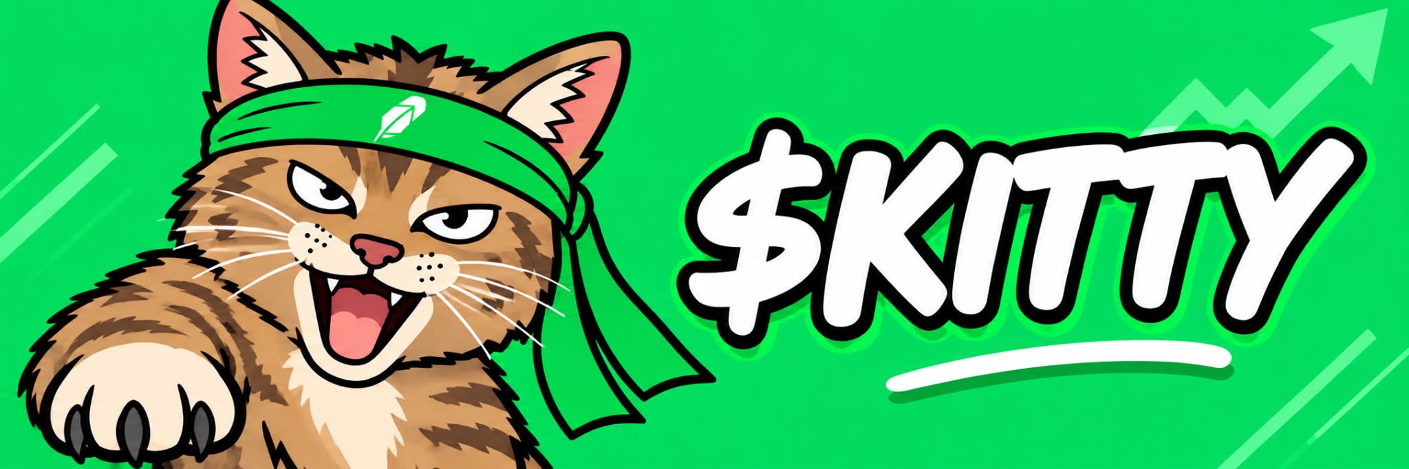Roaring Kitty: a tabby cat in a green headband, roaring, next to the word $KITTY